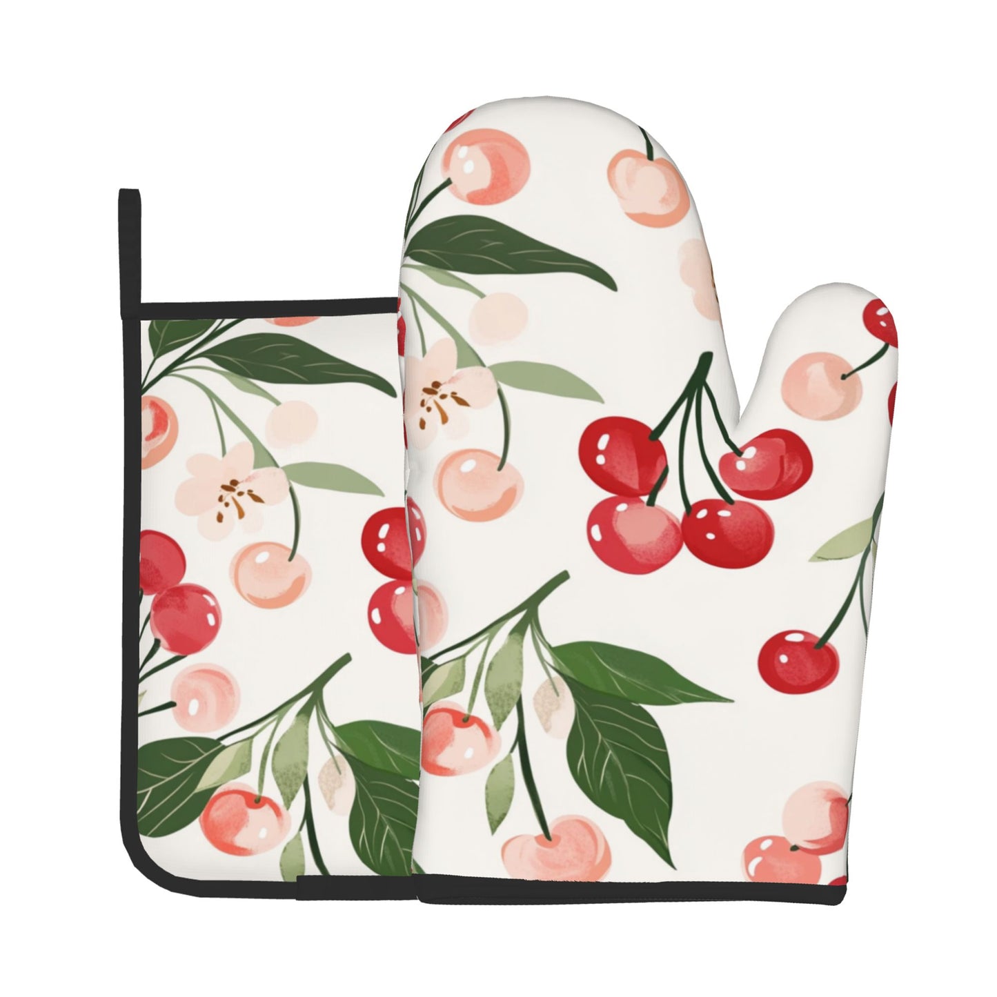 Cherry - Printed Kitchen Baking Set (Oven Mitt + Pot Holder): Unisex Practical & Cute Cookware Combo