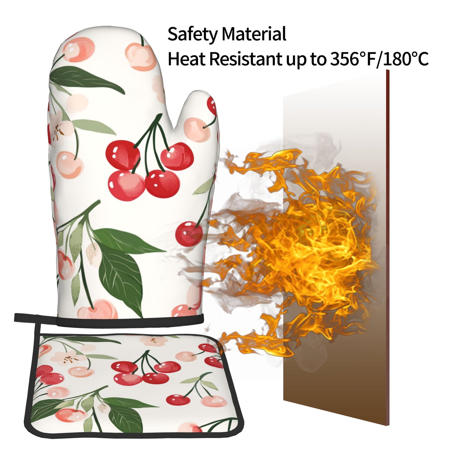 Cherry - Printed Kitchen Baking Set (Oven Mitt + Pot Holder): Unisex Practical & Cute Cookware Combo