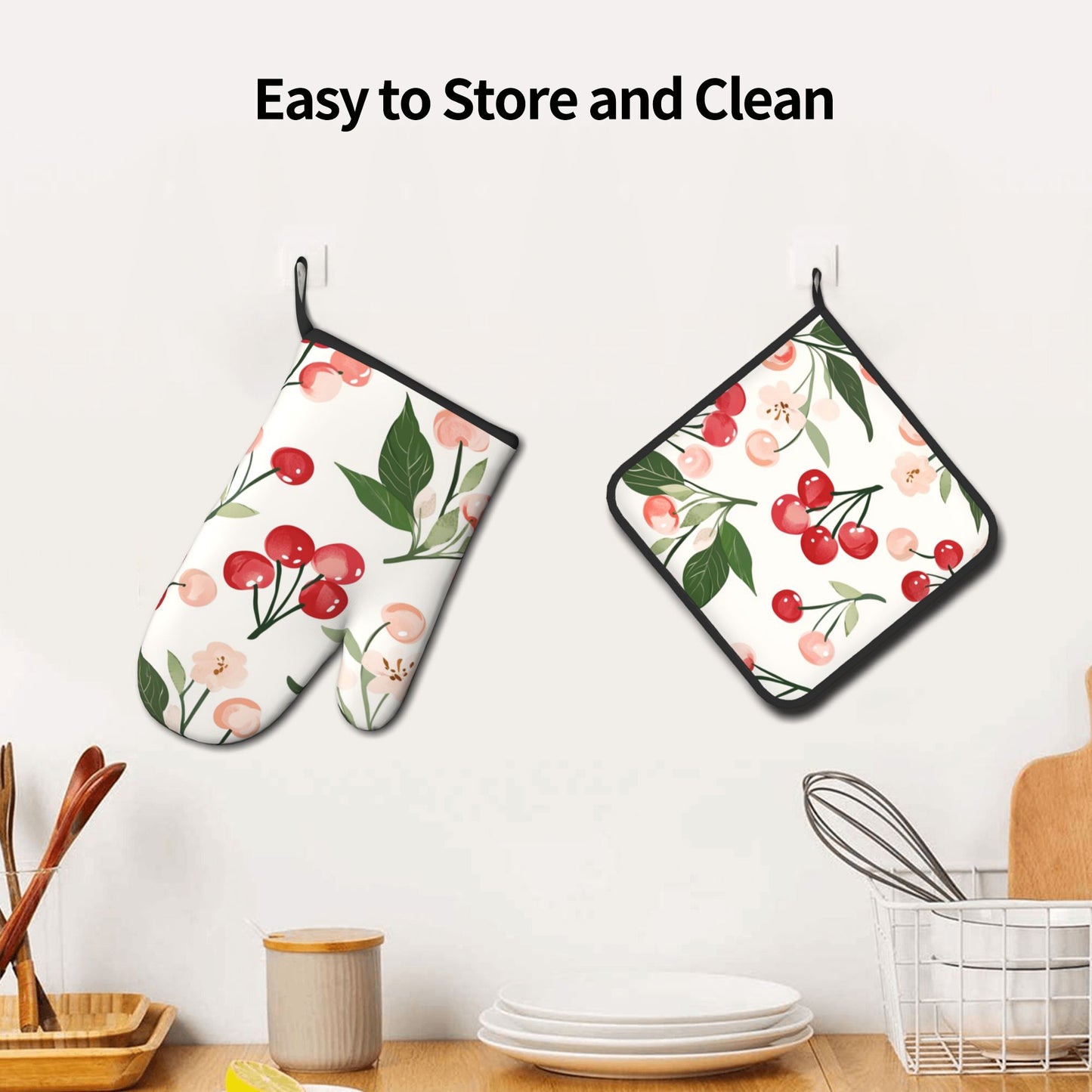 Cherry - Printed Kitchen Baking Set (Oven Mitt + Pot Holder): Unisex Practical & Cute Cookware Combo