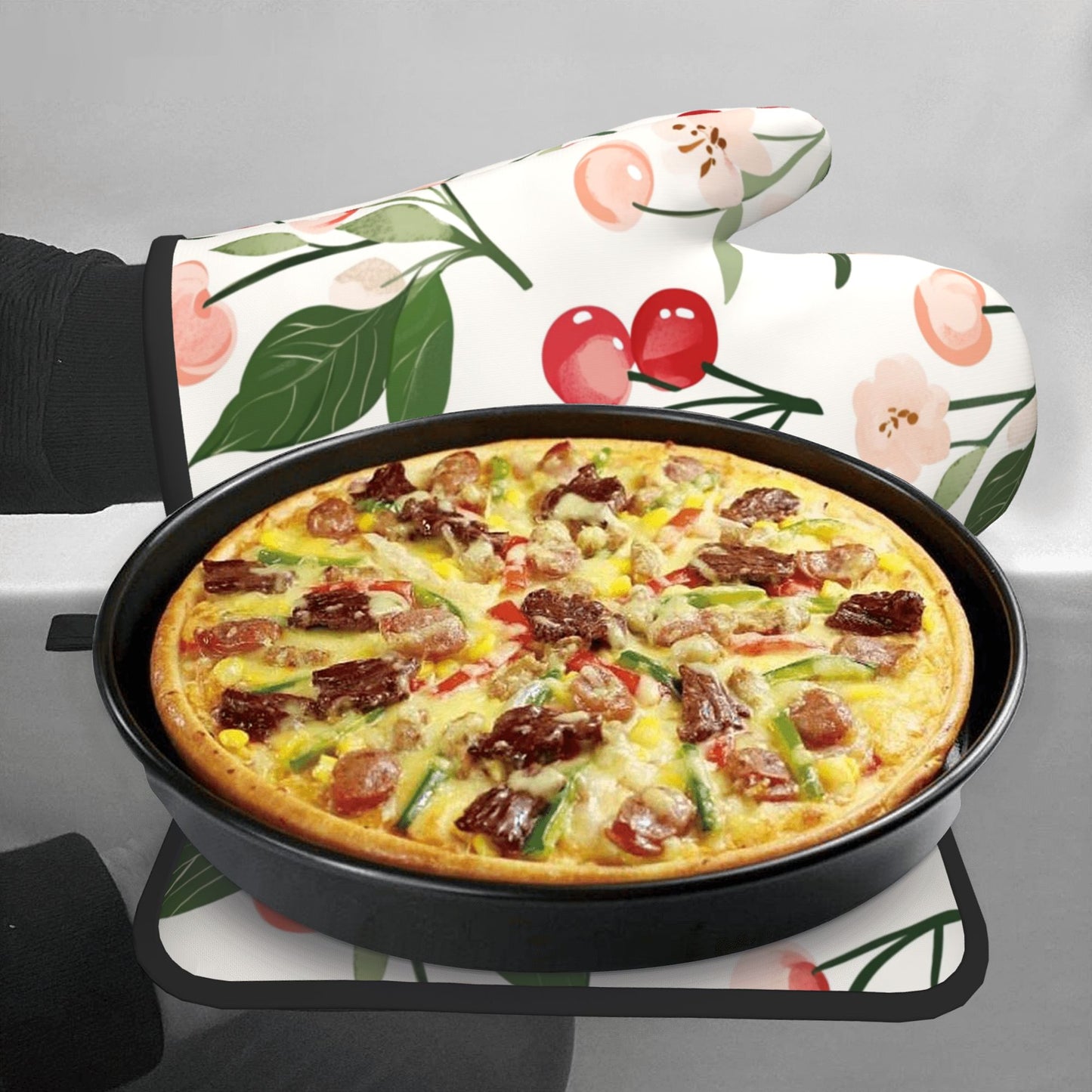 Cherry - Printed Kitchen Baking Set (Oven Mitt + Pot Holder): Unisex Practical & Cute Cookware Combo