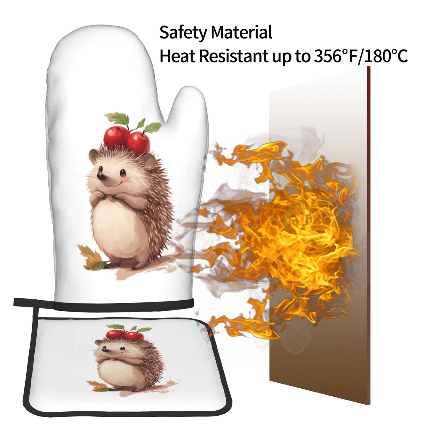 Cute Hedgehog - Printed Kitchen Baking Set (Oven Mitt + Pot Holder): Unisex Adorable & Practical Combo