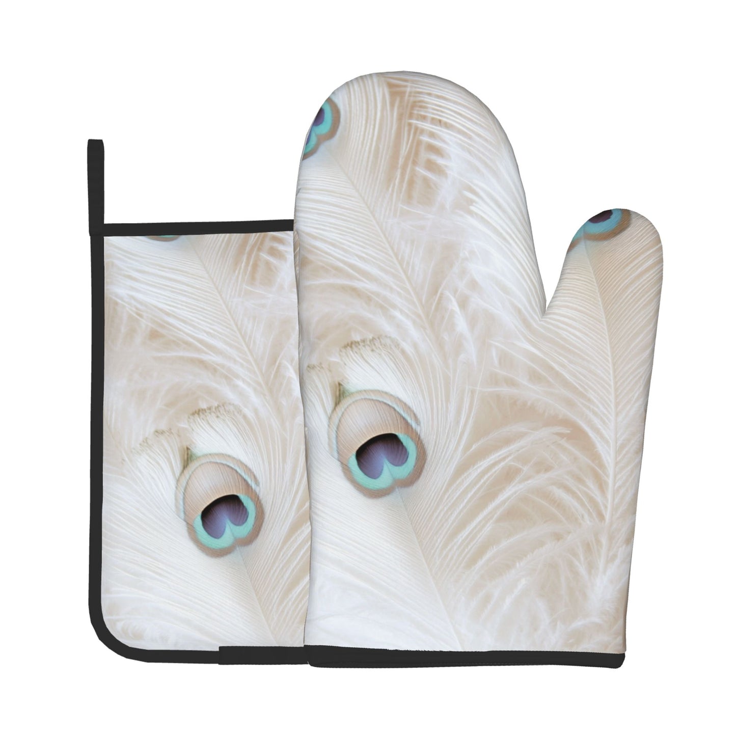 Peacock Feather - Patterned Kitchen Baking Set (Oven Mitt + Pot Holder): Elegant & Practical Cooking Protection Combo