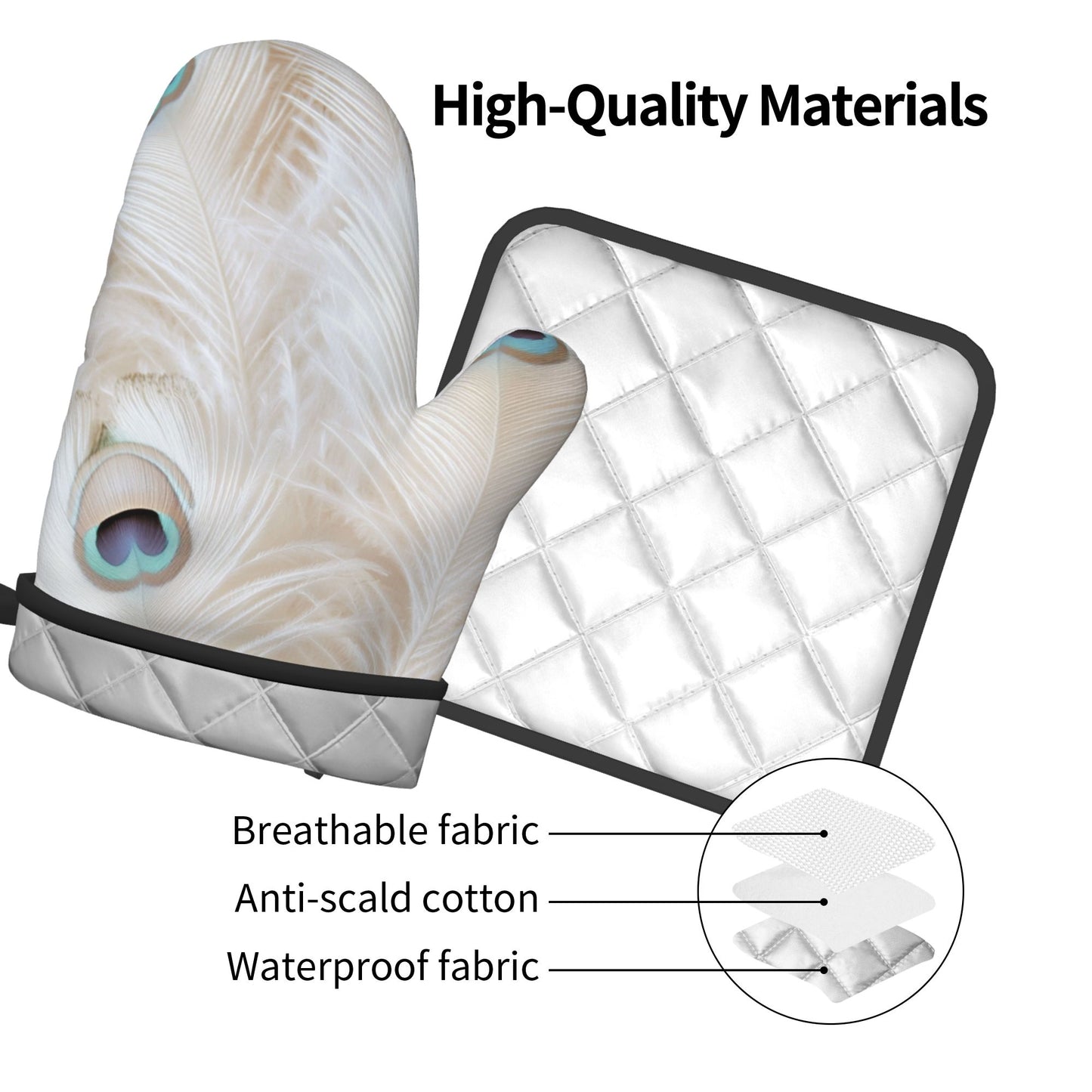Peacock Feather - Patterned Kitchen Baking Set (Oven Mitt + Pot Holder): Elegant & Practical Cooking Protection Combo