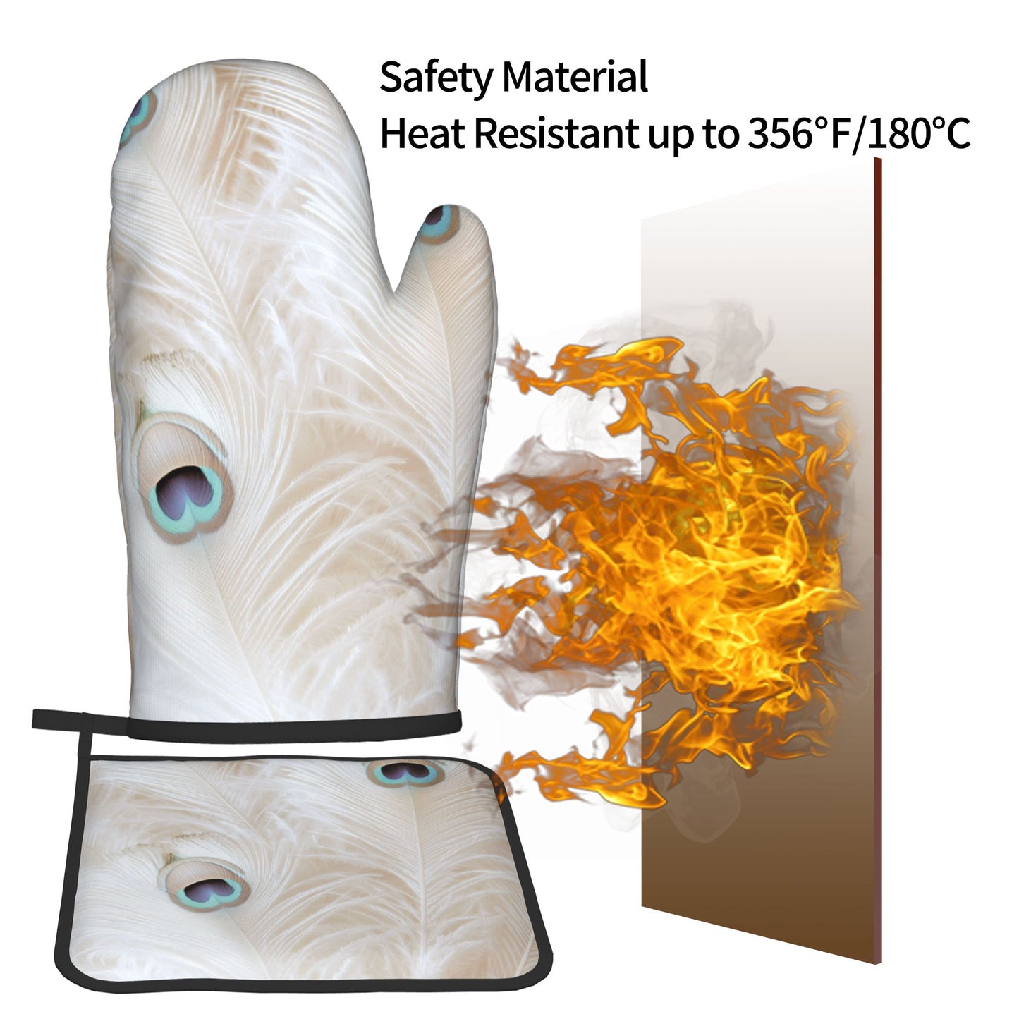 Peacock Feather - Patterned Kitchen Baking Set (Oven Mitt + Pot Holder): Elegant & Practical Cooking Protection Combo