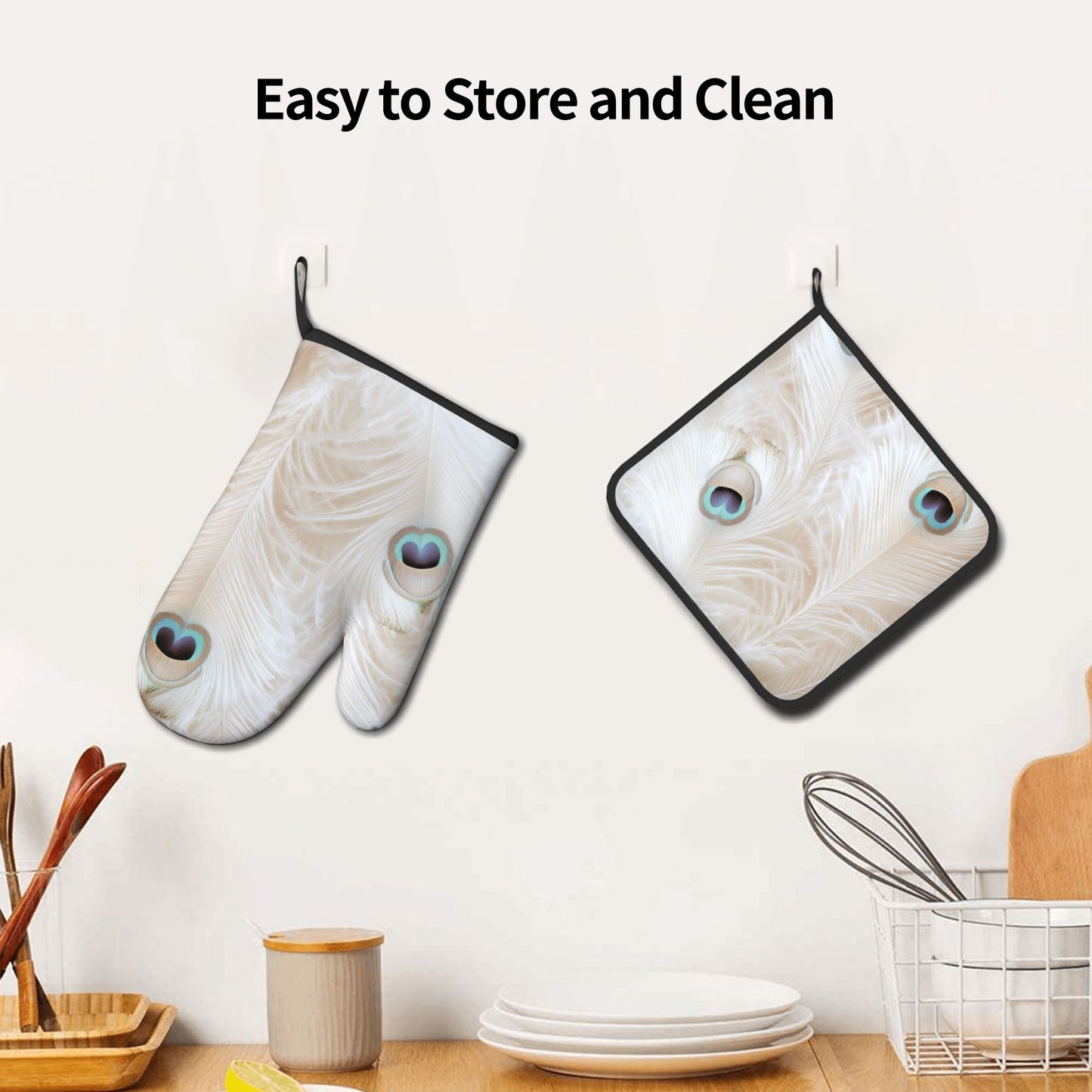 Peacock Feather - Patterned Kitchen Baking Set (Oven Mitt + Pot Holder): Elegant & Practical Cooking Protection Combo
