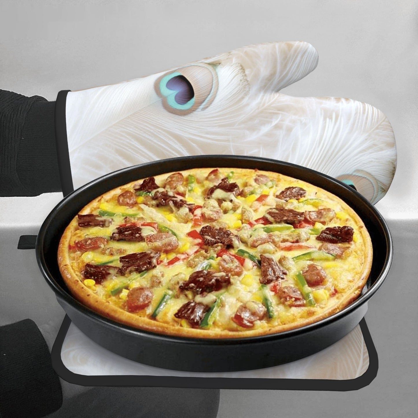 Peacock Feather - Patterned Kitchen Baking Set (Oven Mitt + Pot Holder): Elegant & Practical Cooking Protection Combo