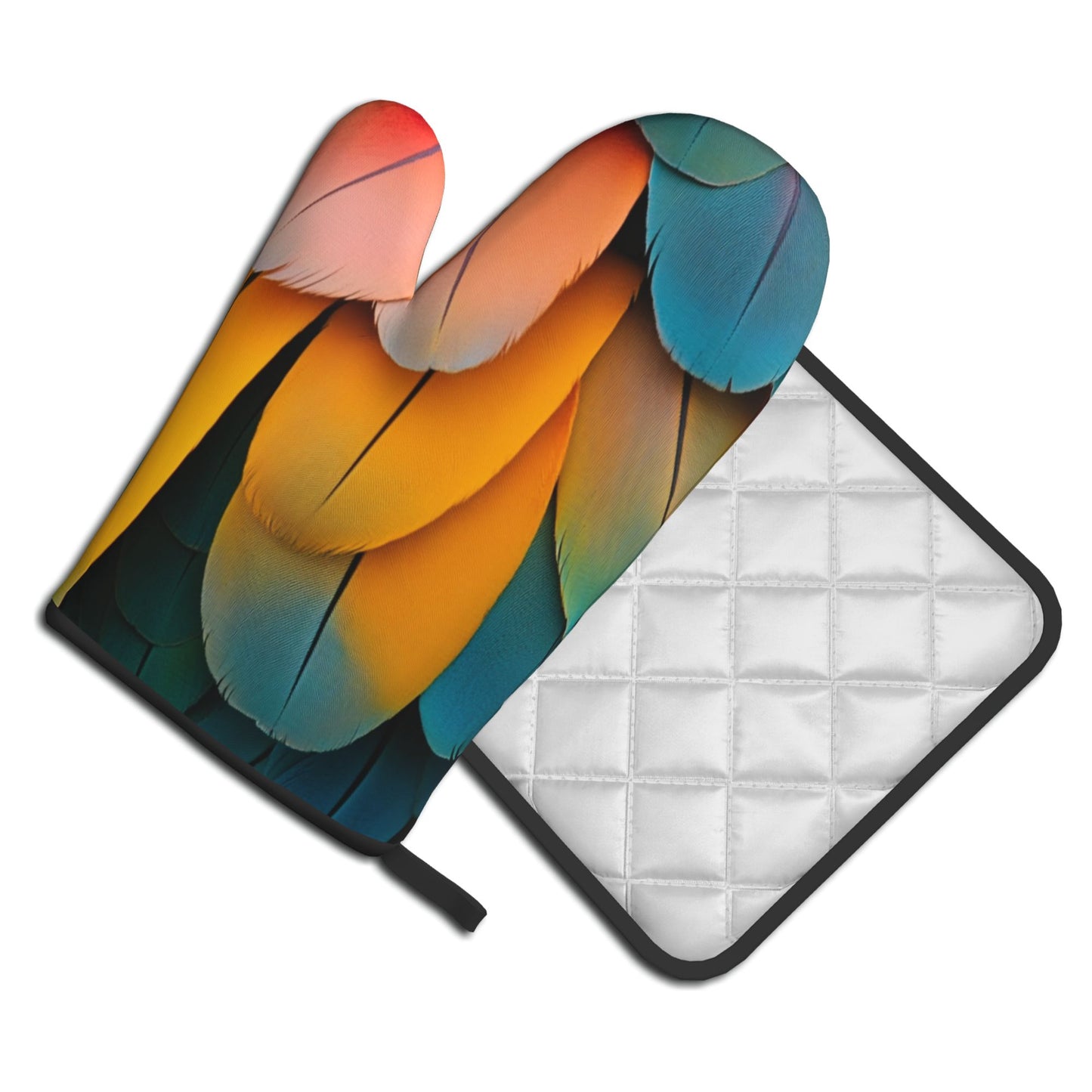 Colorful Feather - Printed Kitchen Baking Set (Oven Mitt + Pot Holder): Stylish & Practical Cooking Protection Partner