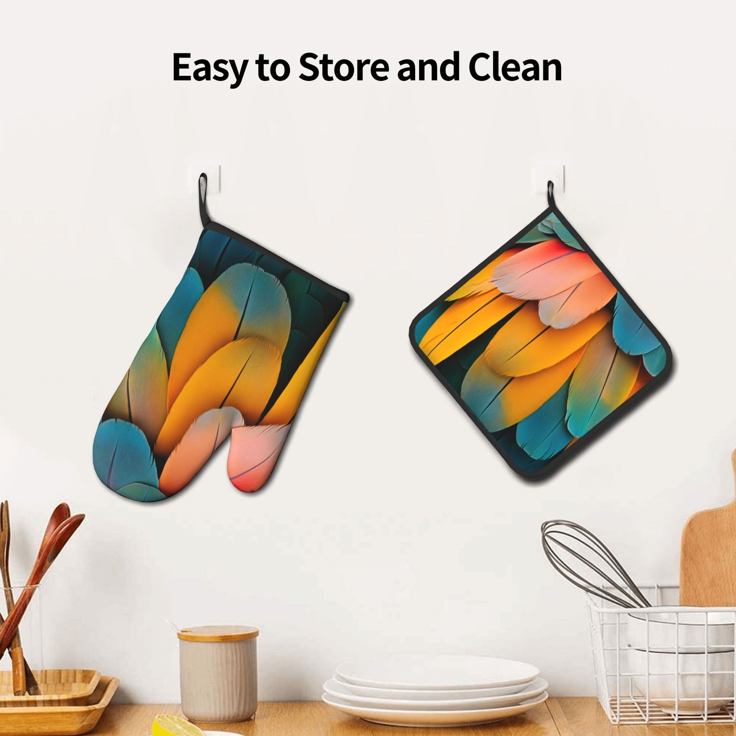 Colorful Feather - Printed Kitchen Baking Set (Oven Mitt + Pot Holder): Stylish & Practical Cooking Protection Partner