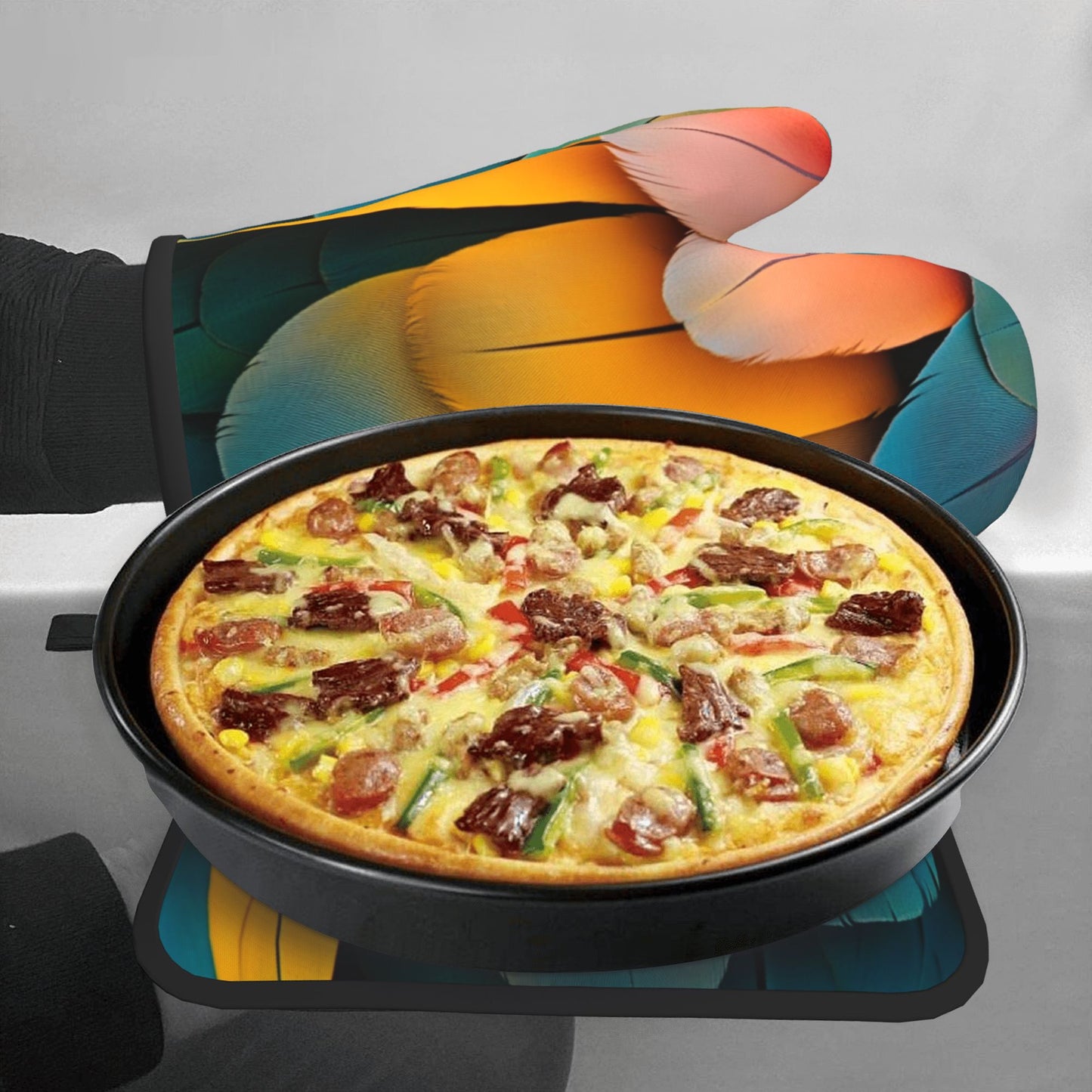 Colorful Feather - Printed Kitchen Baking Set (Oven Mitt + Pot Holder): Stylish & Practical Cooking Protection Partner