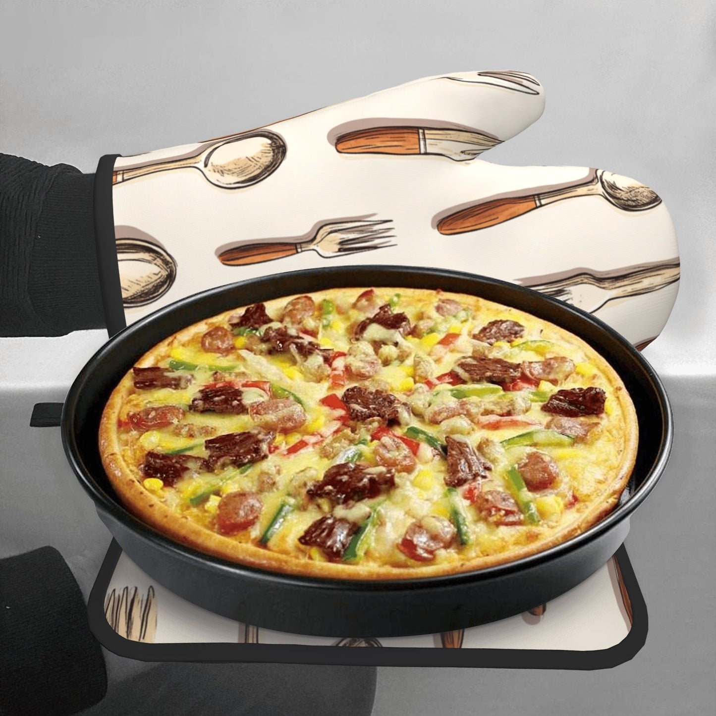 Vintage Utensil - Printed Kitchen Baking Set (Oven Mitt + Pot Holder): Add a Touch of Classic Elegance to Cooking
