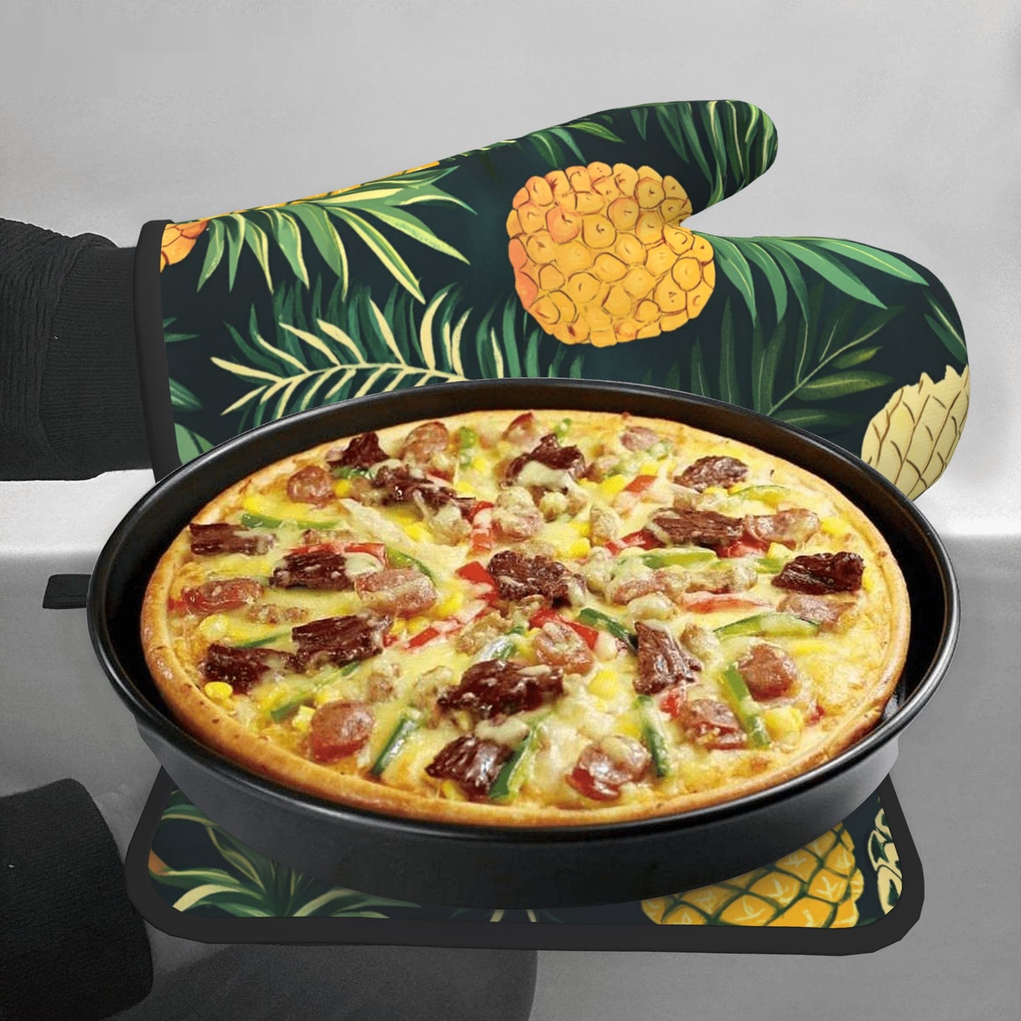 Tropical Pineapple - Printed Kitchen Baking Set (Oven Mitt + Pot Holder): Bring Summer Island Vibe into the Kitchen
