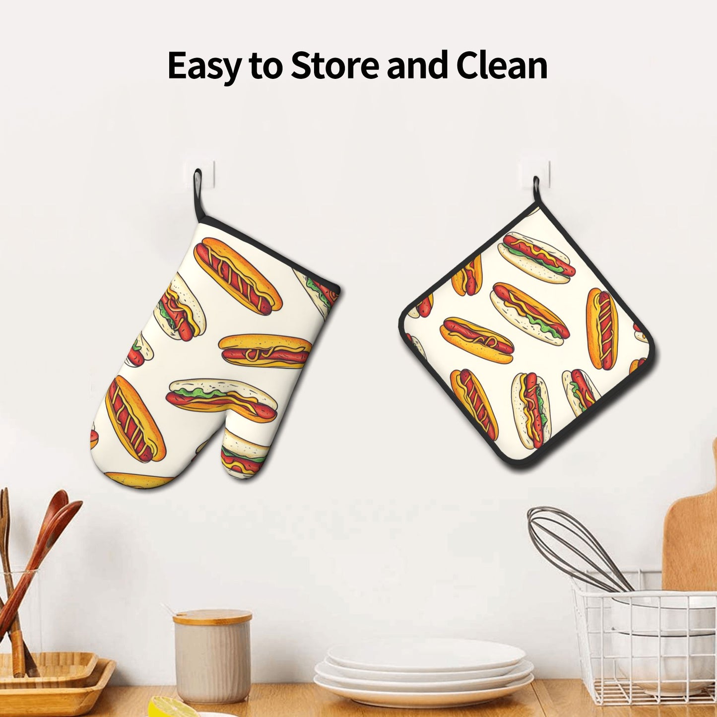 Fun Hot Dog - Printed Kitchen Baking Set (Oven Mitt + Pot Holder): Fill Cooking with Gourmet Vitality