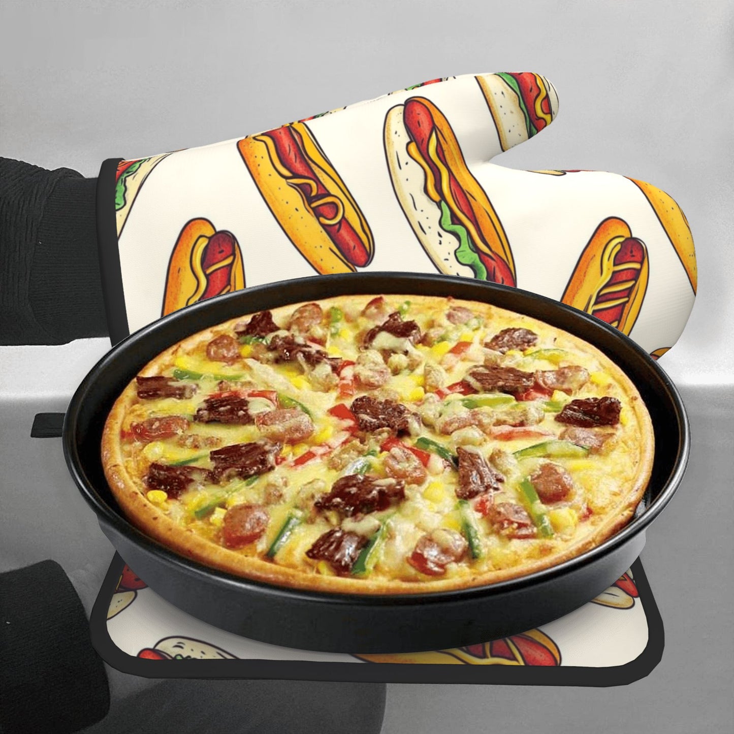 Fun Hot Dog - Printed Kitchen Baking Set (Oven Mitt + Pot Holder): Fill Cooking with Gourmet Vitality