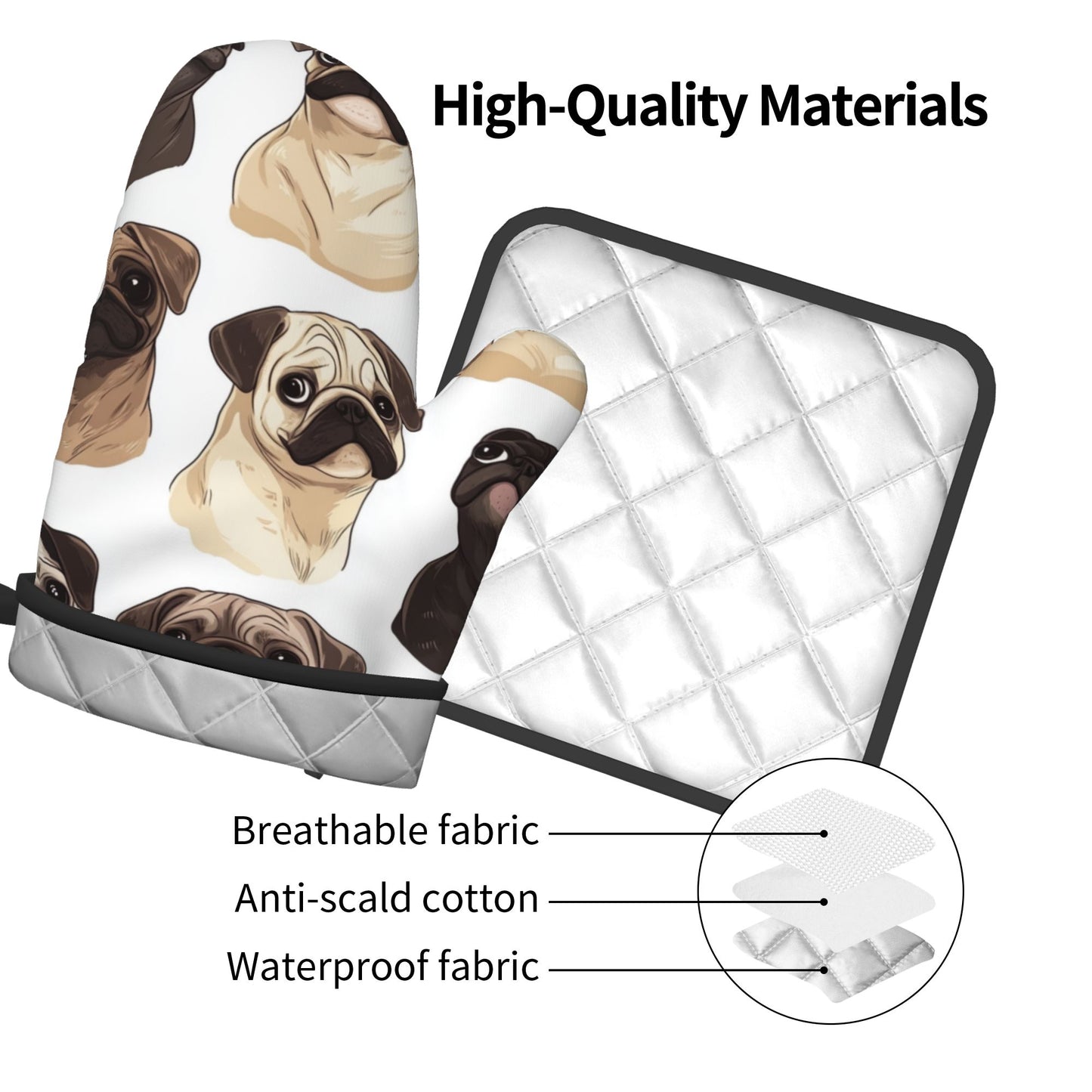 Cute Pug - Printed Kitchen Baking Set (Oven Mitt + Pot Holder): Bring Lovely Companionship to Cooking Moments