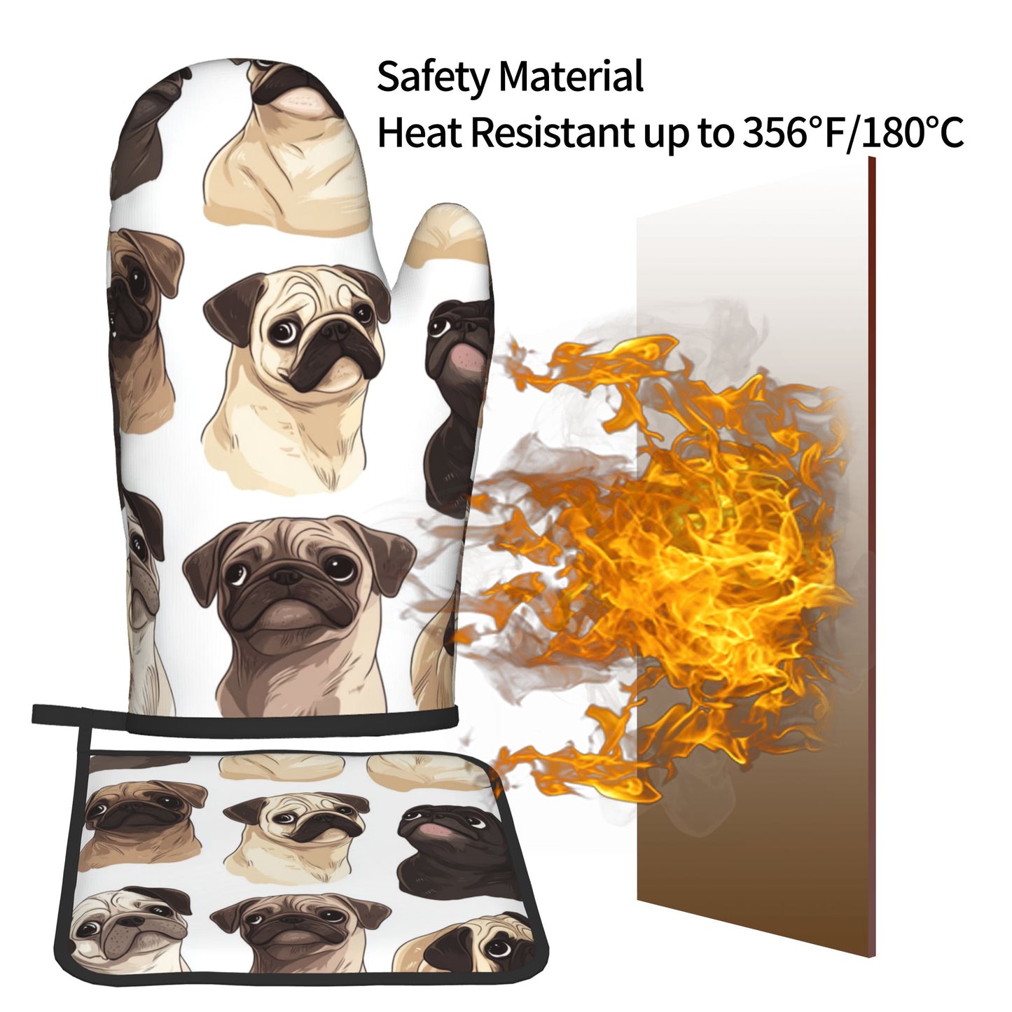 Cute Pug - Printed Kitchen Baking Set (Oven Mitt + Pot Holder): Bring Lovely Companionship to Cooking Moments