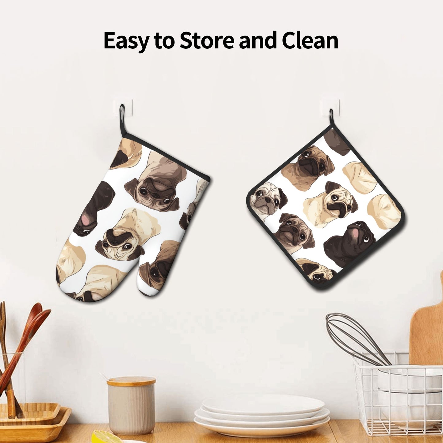 Cute Pug - Printed Kitchen Baking Set (Oven Mitt + Pot Holder): Bring Lovely Companionship to Cooking Moments