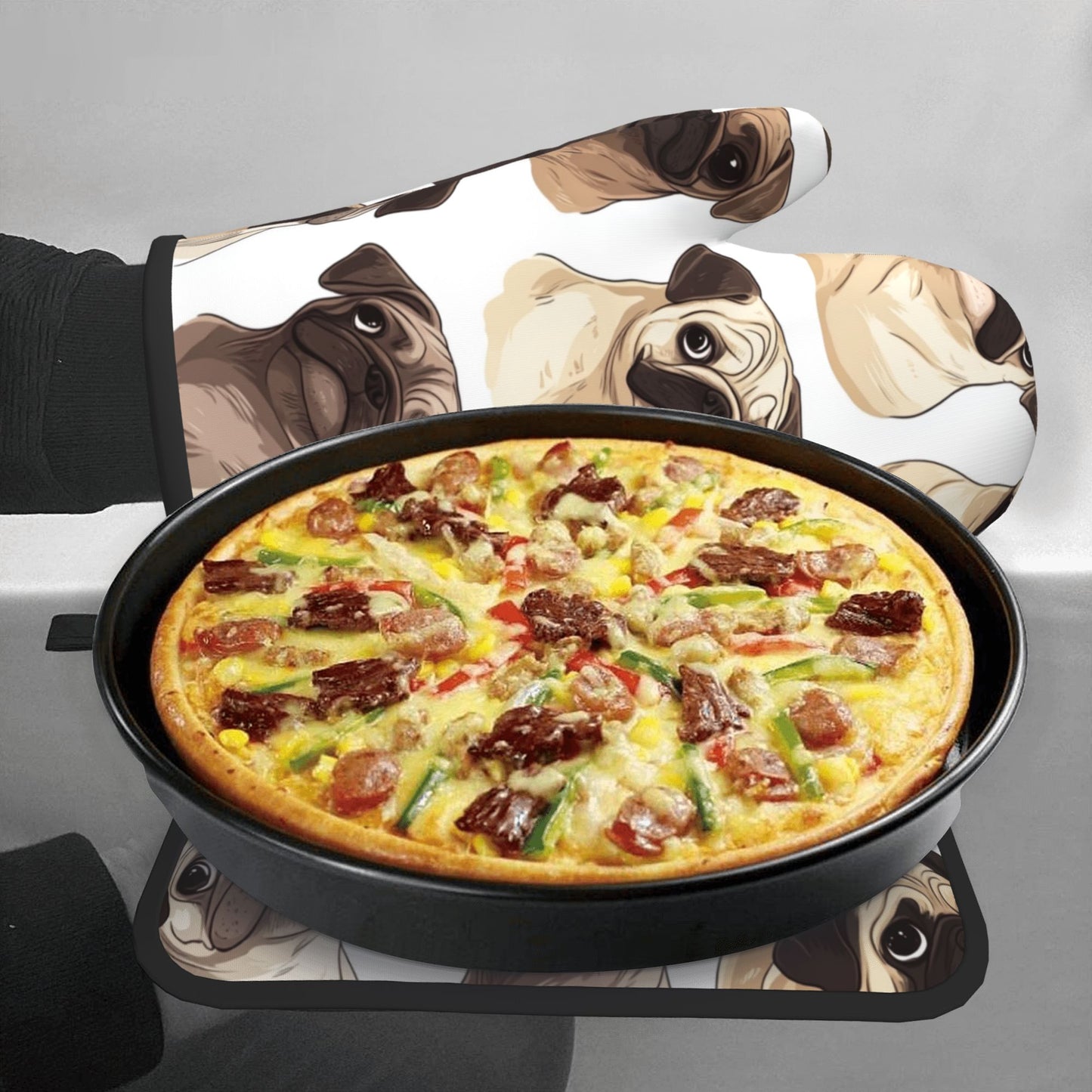 Cute Pug - Printed Kitchen Baking Set (Oven Mitt + Pot Holder): Bring Lovely Companionship to Cooking Moments