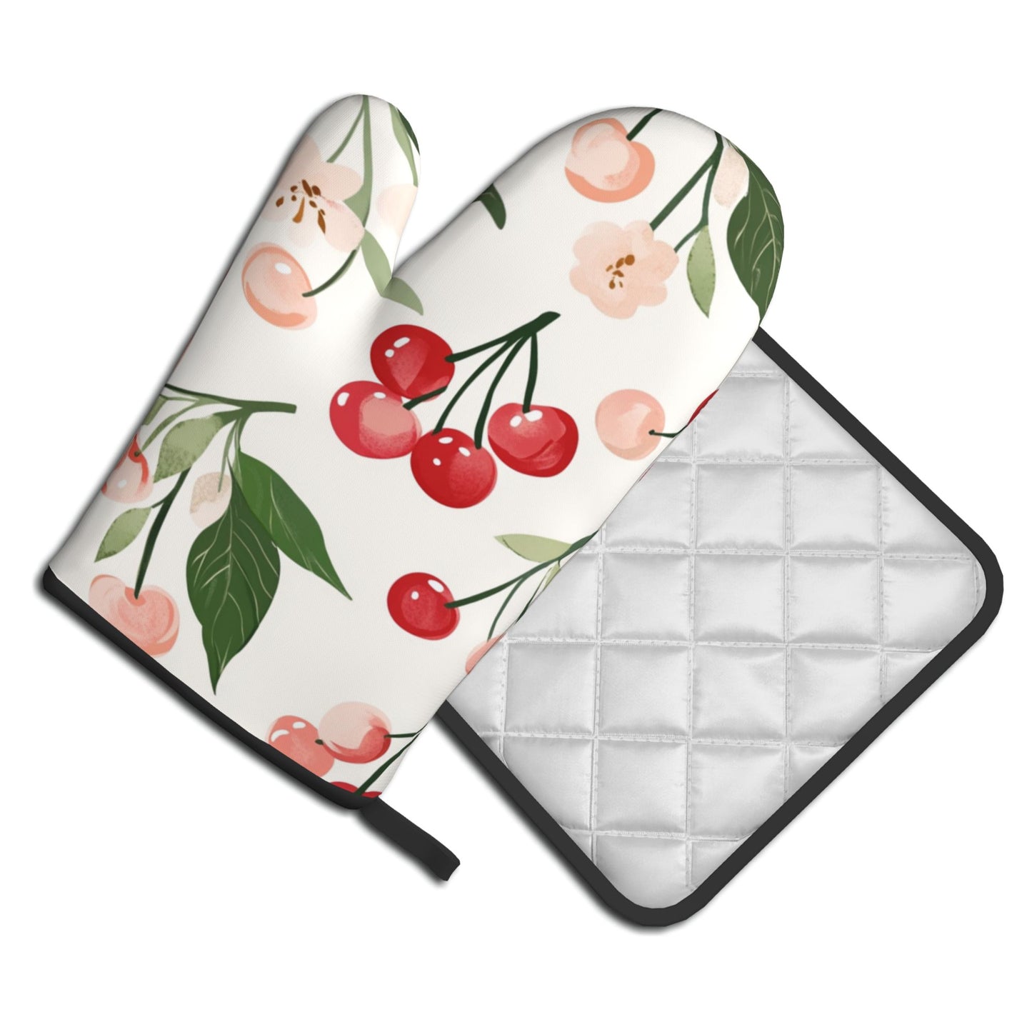 Cherry - Printed Kitchen Baking Set (Oven Mitt + Pot Holder): Unisex Practical & Cute Cookware Combo
