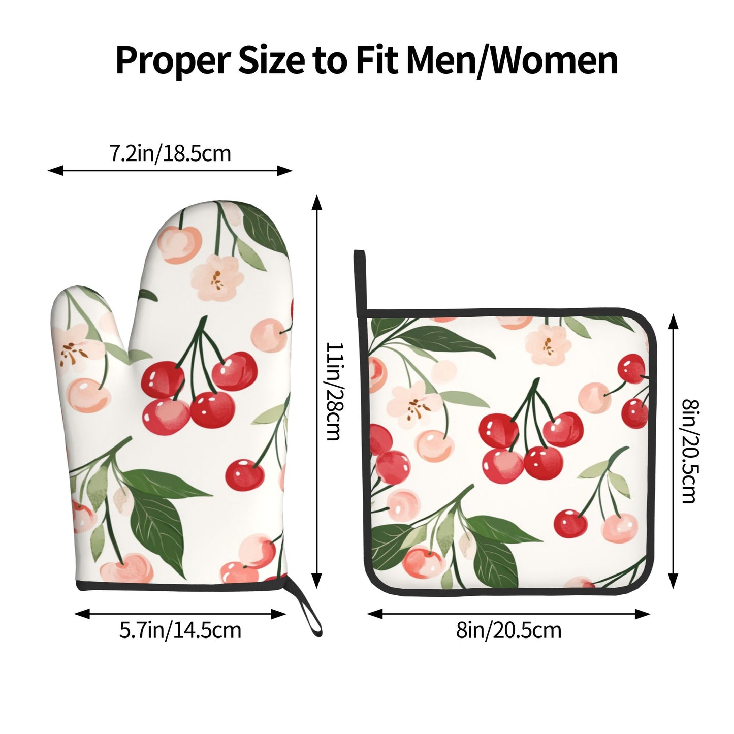 Cherry - Printed Kitchen Baking Set (Oven Mitt + Pot Holder): Unisex Practical & Cute Cookware Combo
