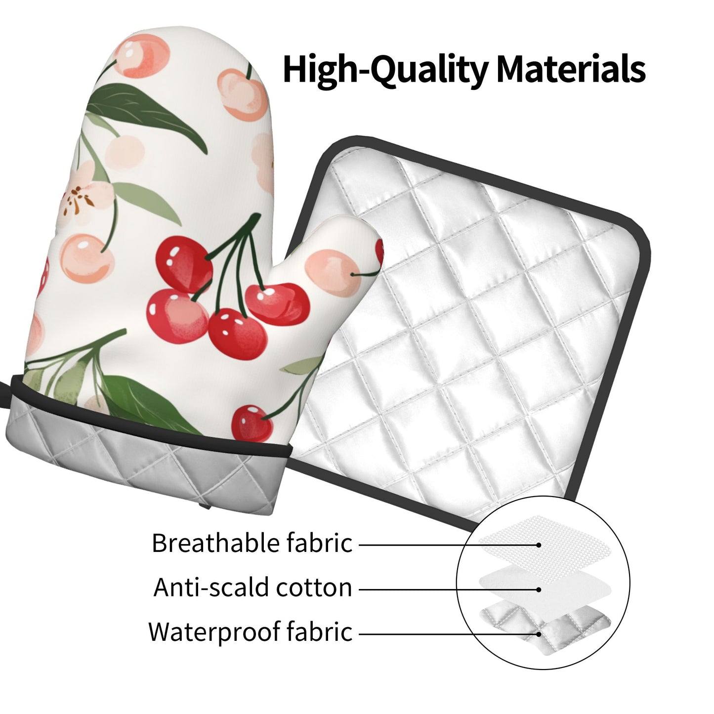 Cherry - Printed Kitchen Baking Set (Oven Mitt + Pot Holder): Unisex Practical & Cute Cookware Combo