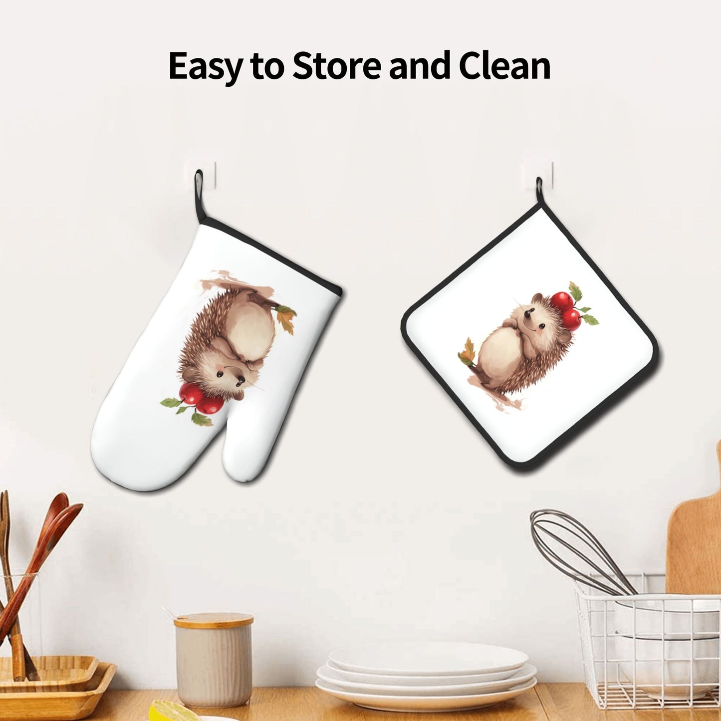 Cute Hedgehog - Printed Kitchen Baking Set (Oven Mitt + Pot Holder): Unisex Adorable & Practical Combo