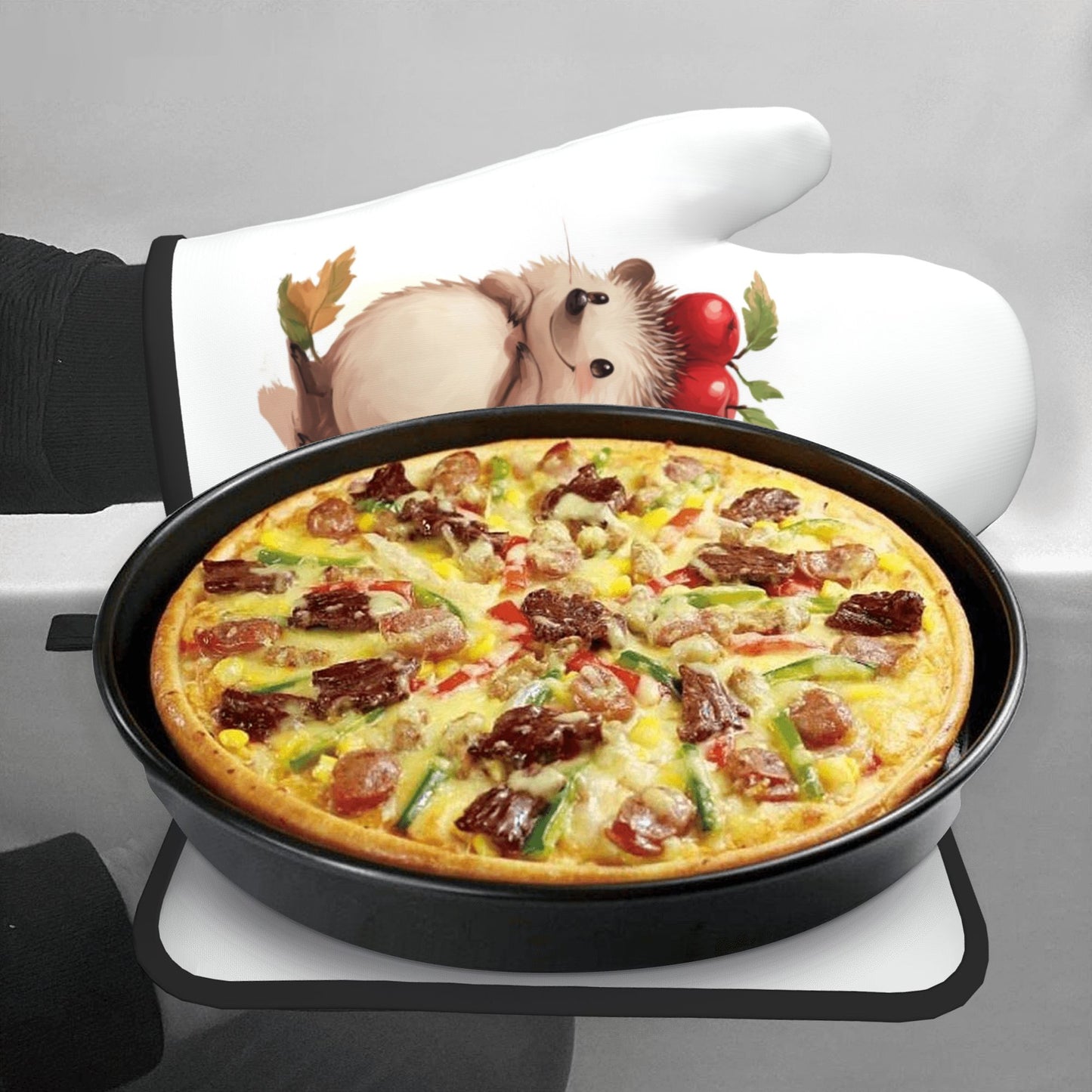 Cute Hedgehog - Printed Kitchen Baking Set (Oven Mitt + Pot Holder): Unisex Adorable & Practical Combo
