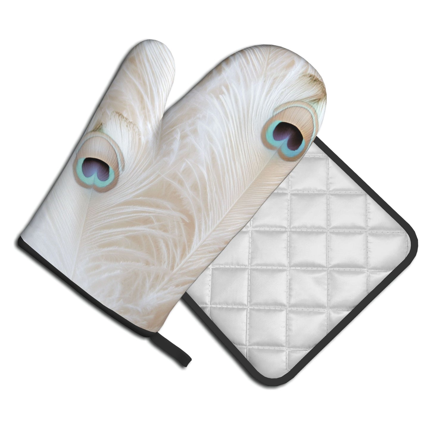 Peacock Feather - Patterned Kitchen Baking Set (Oven Mitt + Pot Holder): Elegant & Practical Cooking Protection Combo