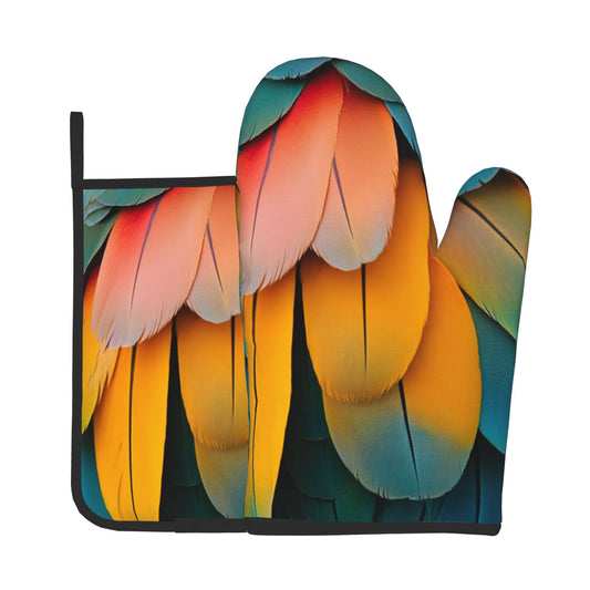 Colorful Feather - Printed Kitchen Baking Set (Oven Mitt + Pot Holder): Stylish & Practical Cooking Protection Partner