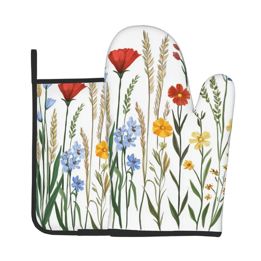 Pastoral Wildflower - Printed Kitchen Baking Set (Oven Mitt + Pot Holder): A Practical Aesthetic Combo Bringing Spring Flower Fields to Your Kitchen