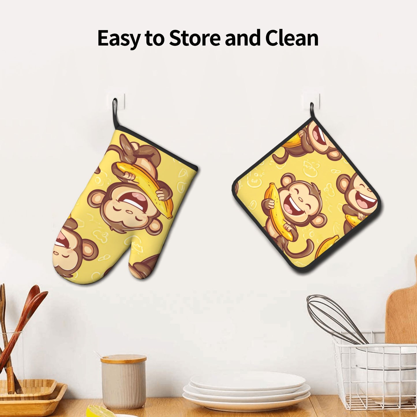 Cute Banana Monkey Kitchen Baking Set (Oven Mitt + Pot Holder): A Practical Combo Bringing Fun and Childlike Joy to Cooking