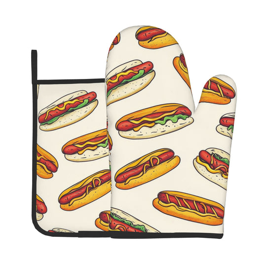 Fun Hot Dog - Printed Kitchen Baking Set (Oven Mitt + Pot Holder): Fill Cooking with Gourmet Vitality