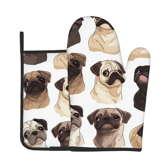 Cute Pug - Printed Kitchen Baking Set (Oven Mitt + Pot Holder): Bring Lovely Companionship to Cooking Moments